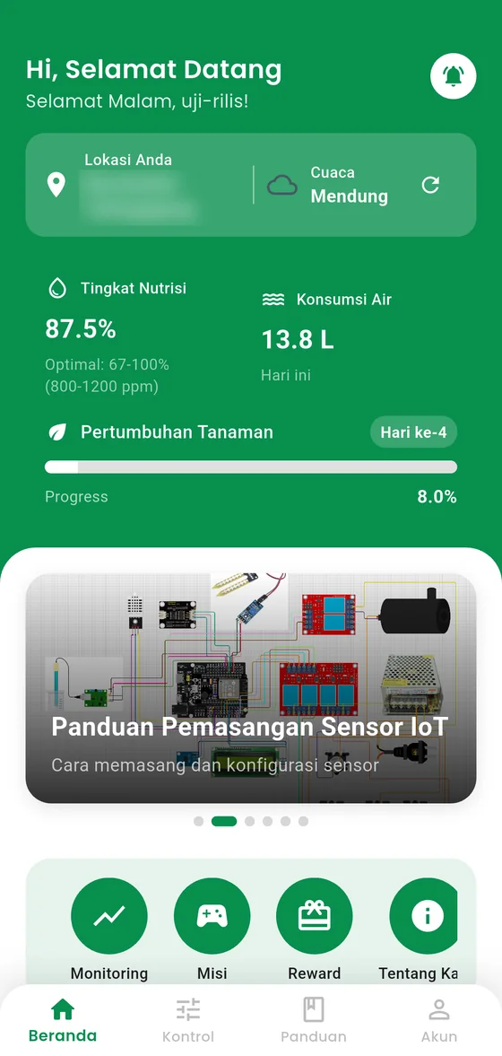 Layar Beranda aplikasi HydroGami: nutrisi, konsumsi air, dan pertumbuhan tanaman